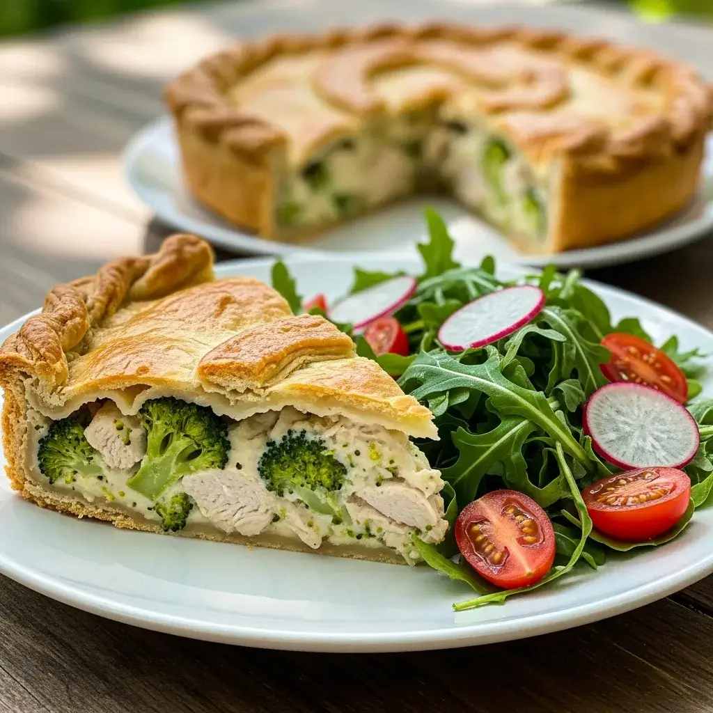 Fatia de torta de frango com brócolis servida com salada