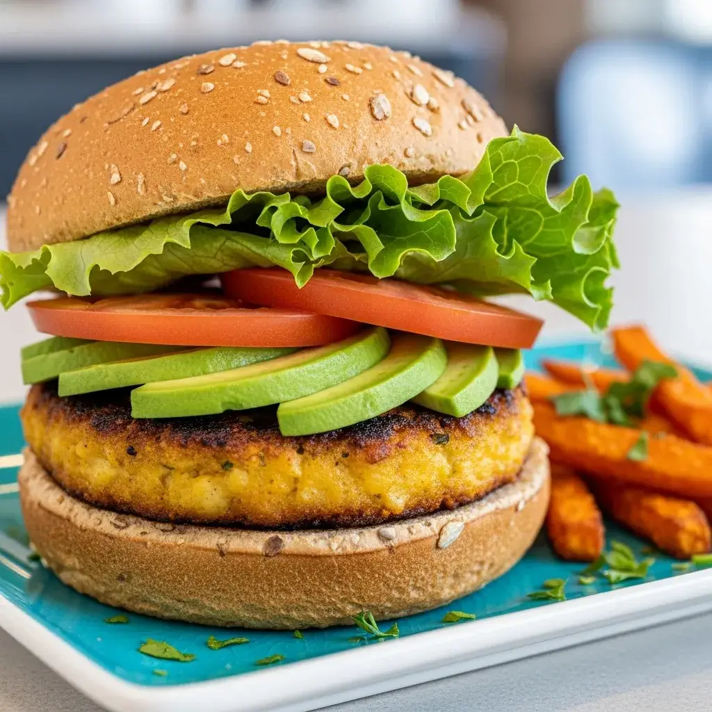 Hambúrguer vegetariano feito com medalhão de legumes.