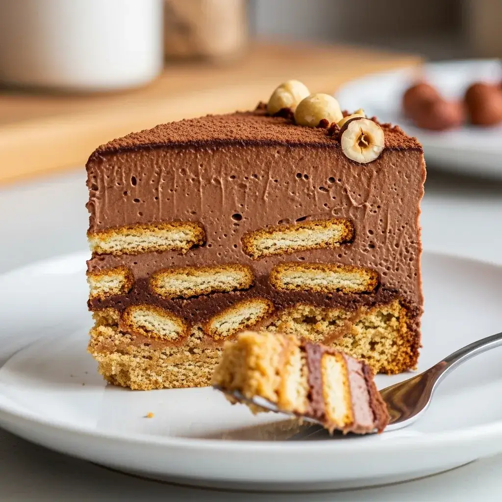 Fatia perfeita de bolo de bolacha caseiro mostrando