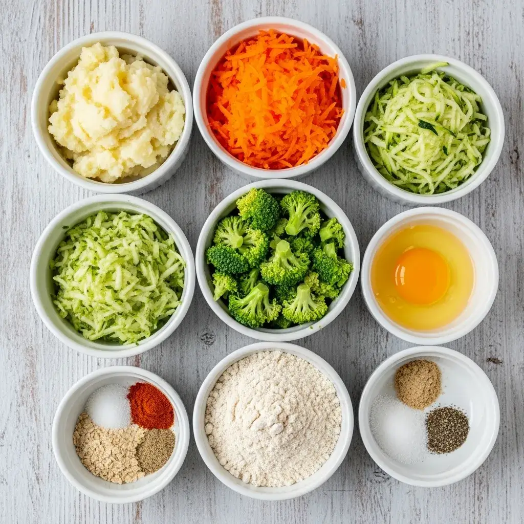Ingredientes coloridos e preparados para fazer medalhão de legumes.