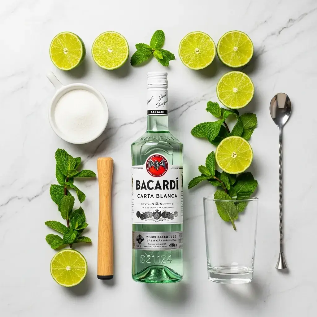 Ingredientes para fazer Bacardi Mojito rum Bacardi, limão, hortelã, açúcar e pilão