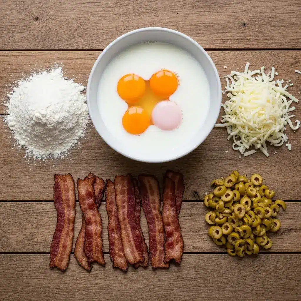 Ingredientes para fazer pão de azeitonas, bacon e queijo