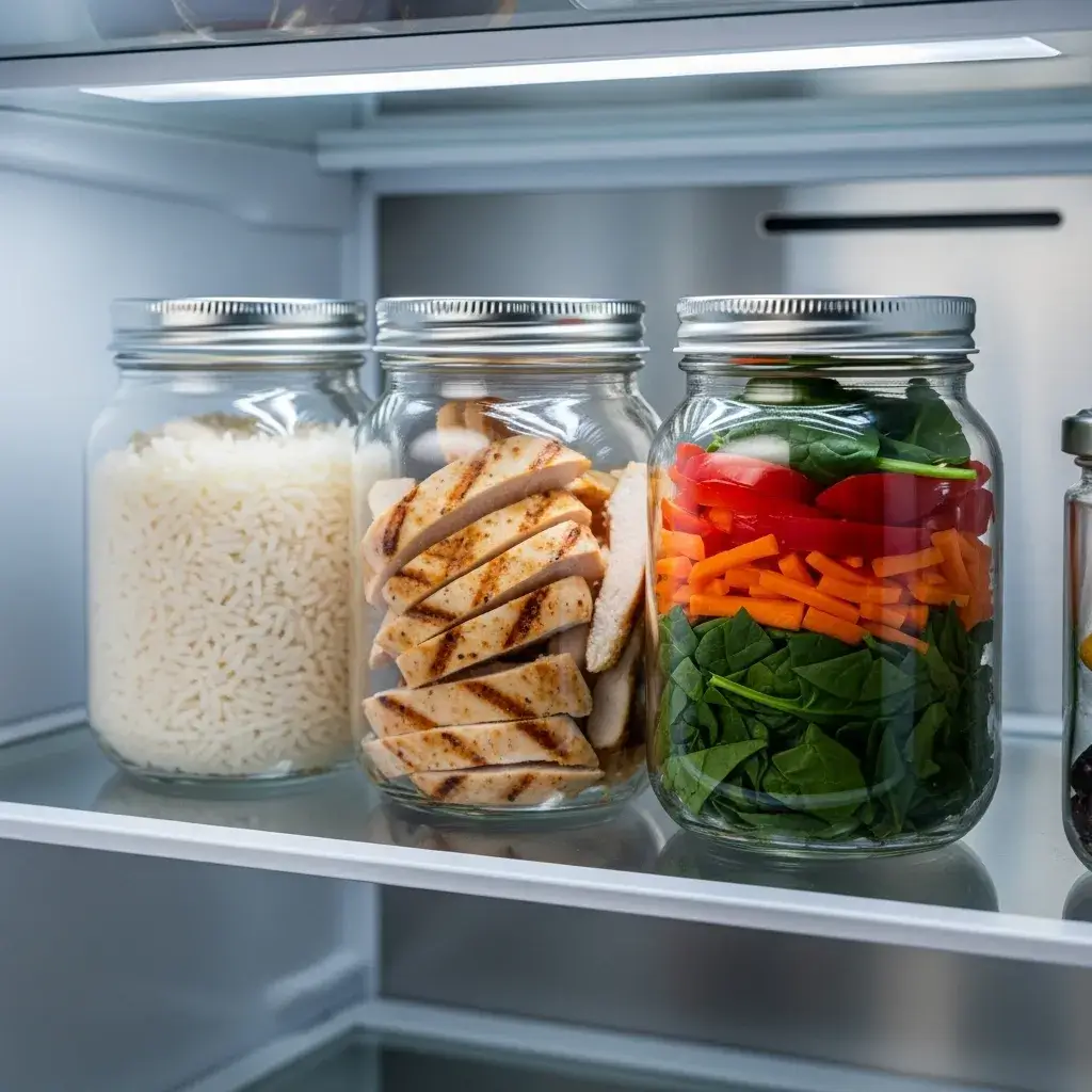 Ingredientes pré-preparados (meal prep) para montar um prato feito saudável