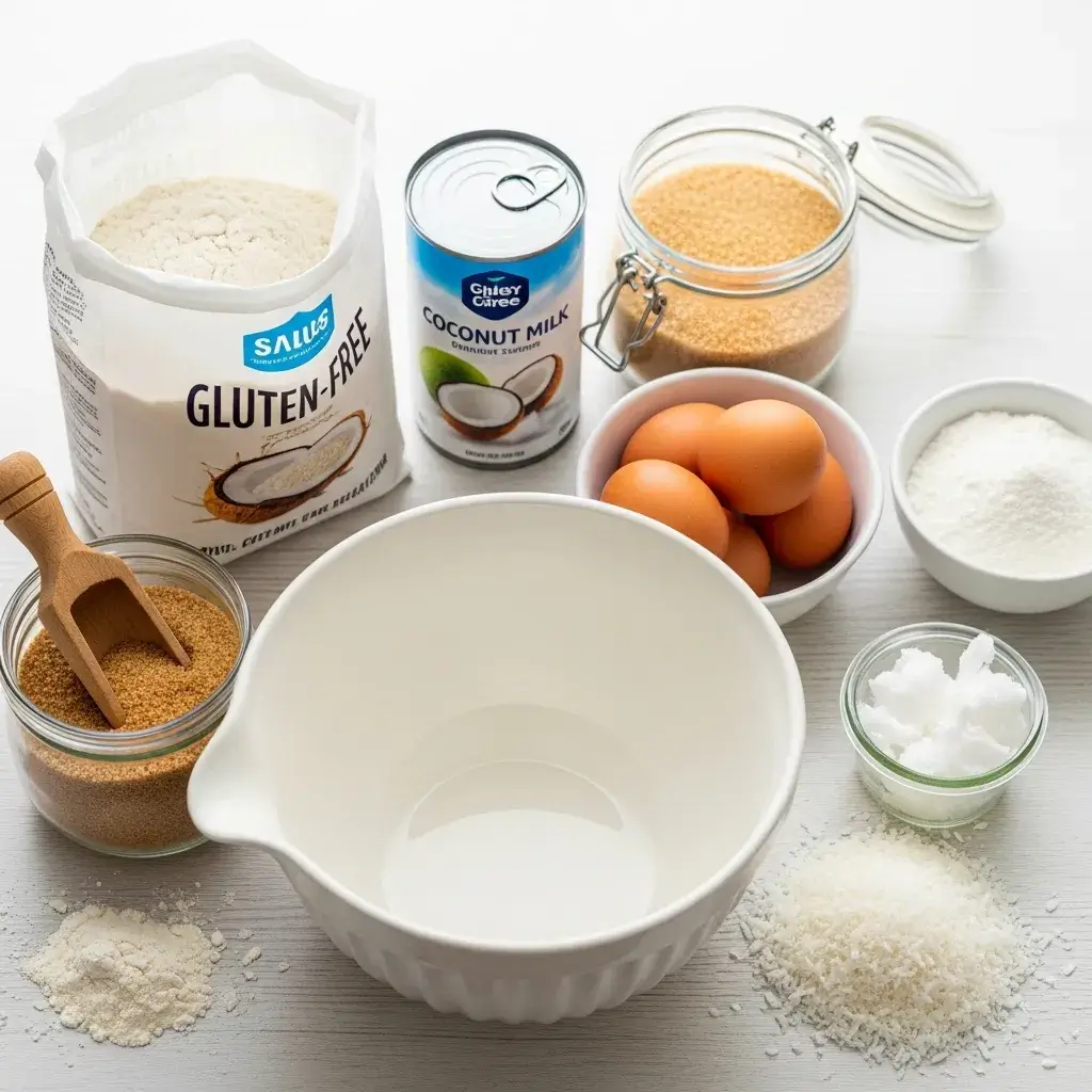 Ingredientes saudáveis para fazer Bolo de Coco Sem Glúten e Sem Lactose.