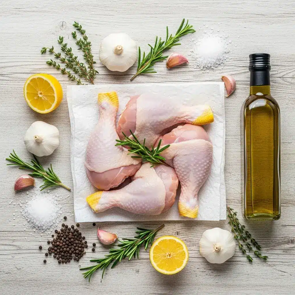 Ingredientes simples para preparar pernas de frango no forno.