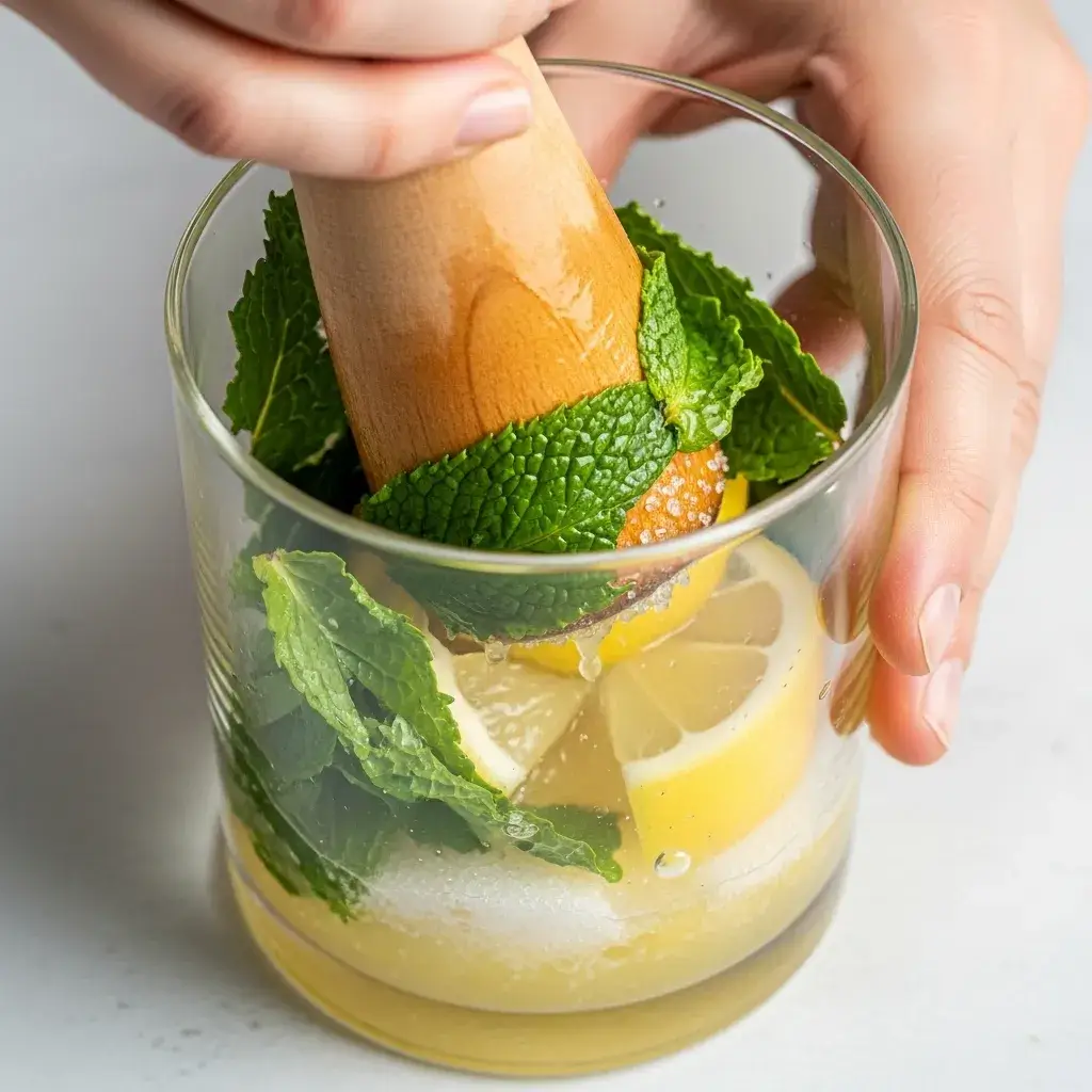 Macerando hortelã e limão para Bacardi Mojito com pilão no copo