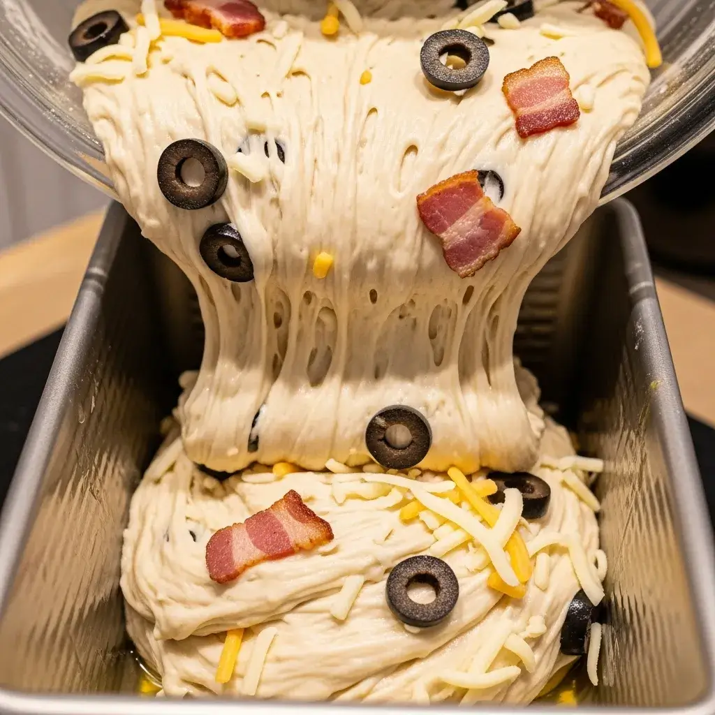 Massa de pão de azeitonas, bacon e queijo pronta para assar