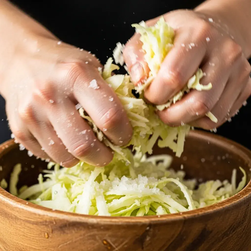 Massageando o repolho fatiado para amaciar na salada