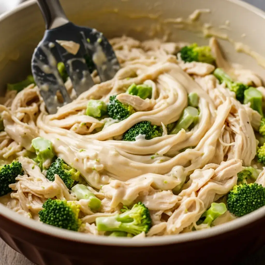 Mistura do recheio de frango e brócolis para a torta