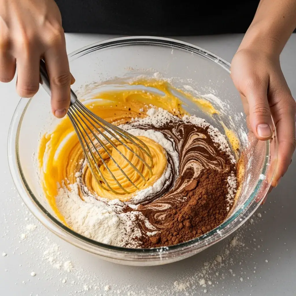Misturando a massa de bolo de cenoura mesclado com chocolate