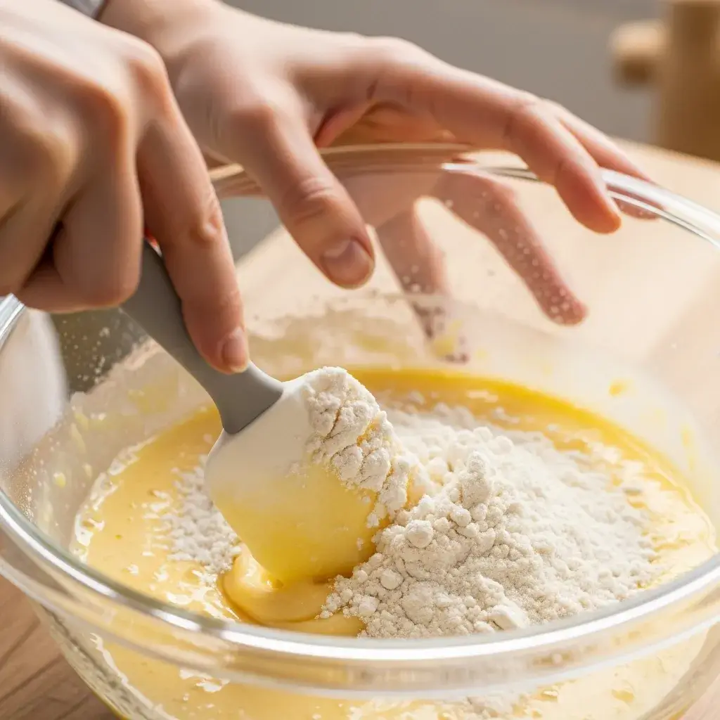 Misturando delicadamente a farinha na massa do Bolo de Leite