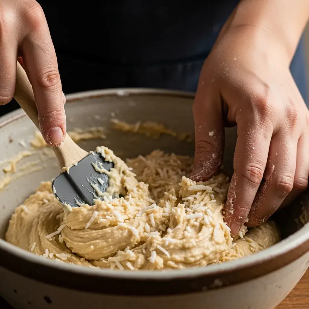 Misturando delicadamente a massa do Bolo de Coco Sem Glúten.