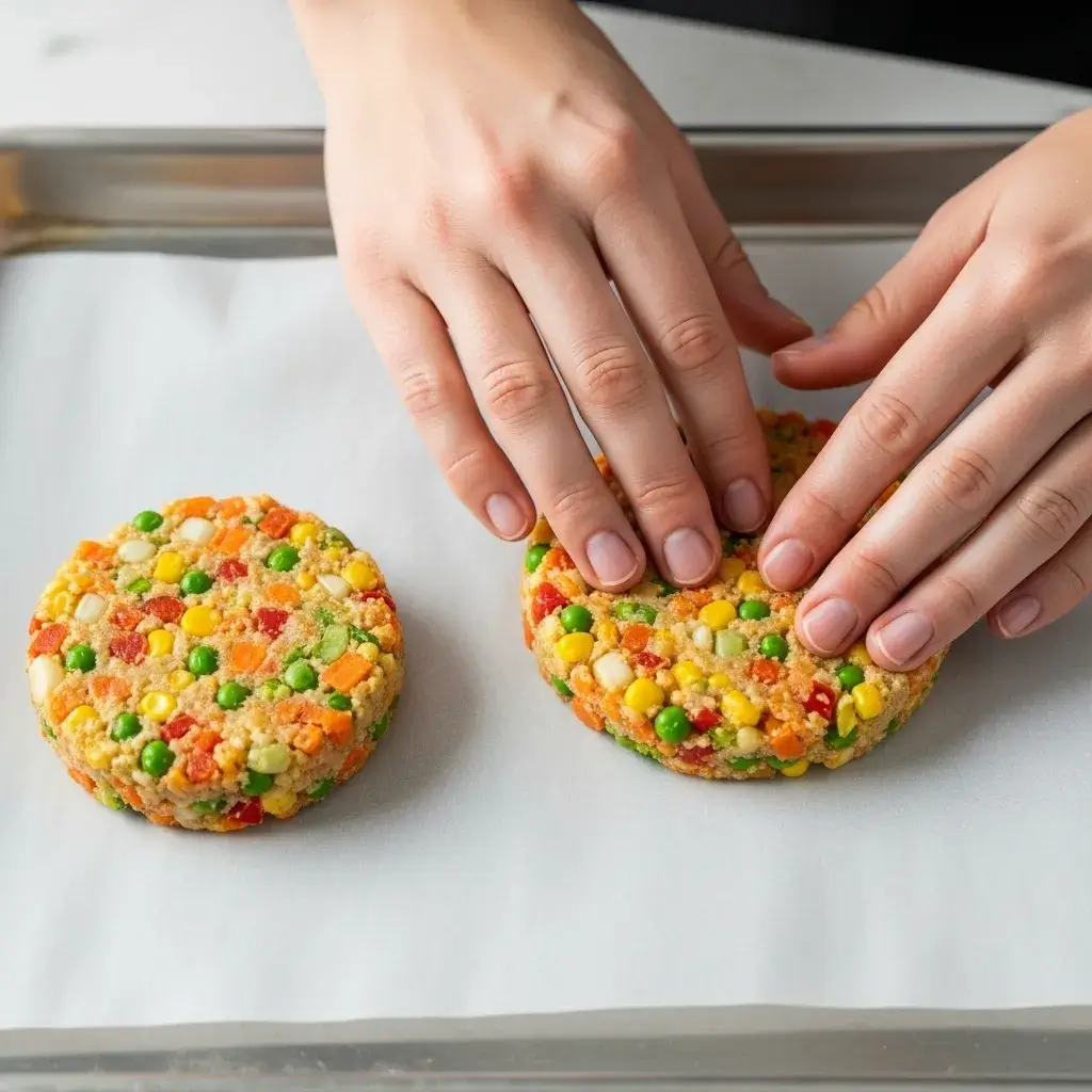 Moldando a massa do medalhão de legumes com as mãos