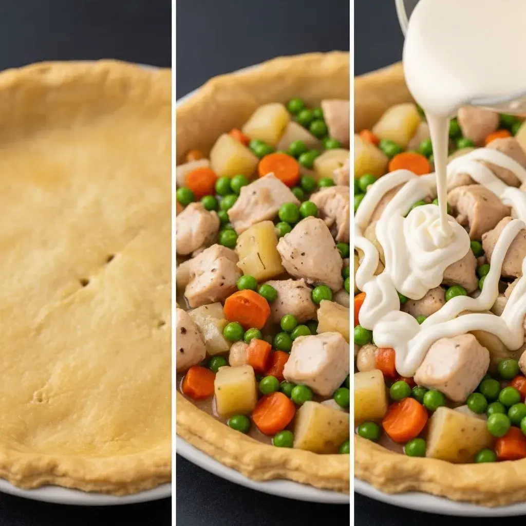 Montando as camadas da torta de pão de forma com frango