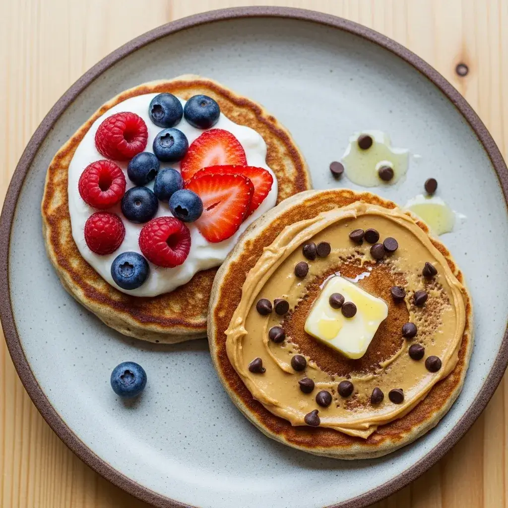 Panqueca de banana e aveia servida com diferentes coberturas