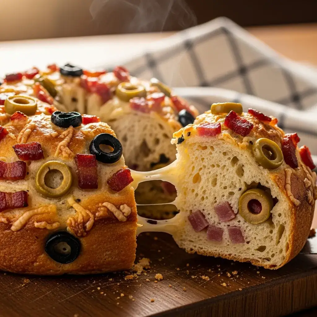 Pão de azeitonas, bacon e queijo caseiro