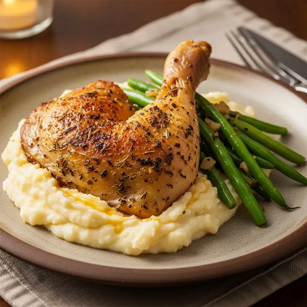 Pernas de frango no forno servidas com purê de batata e legumes.