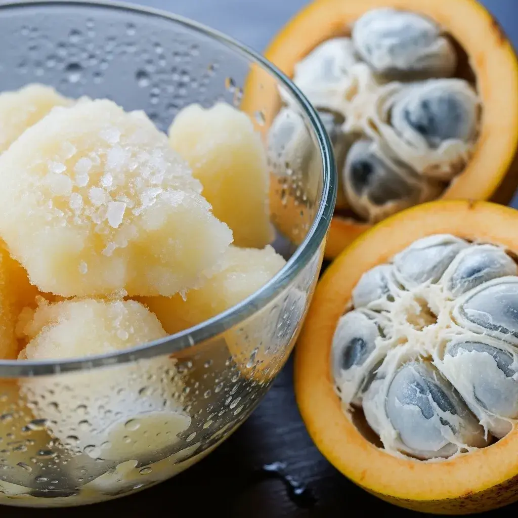 Polpa e fruto fresco de cupuaçu, ingrediente principal do pudim