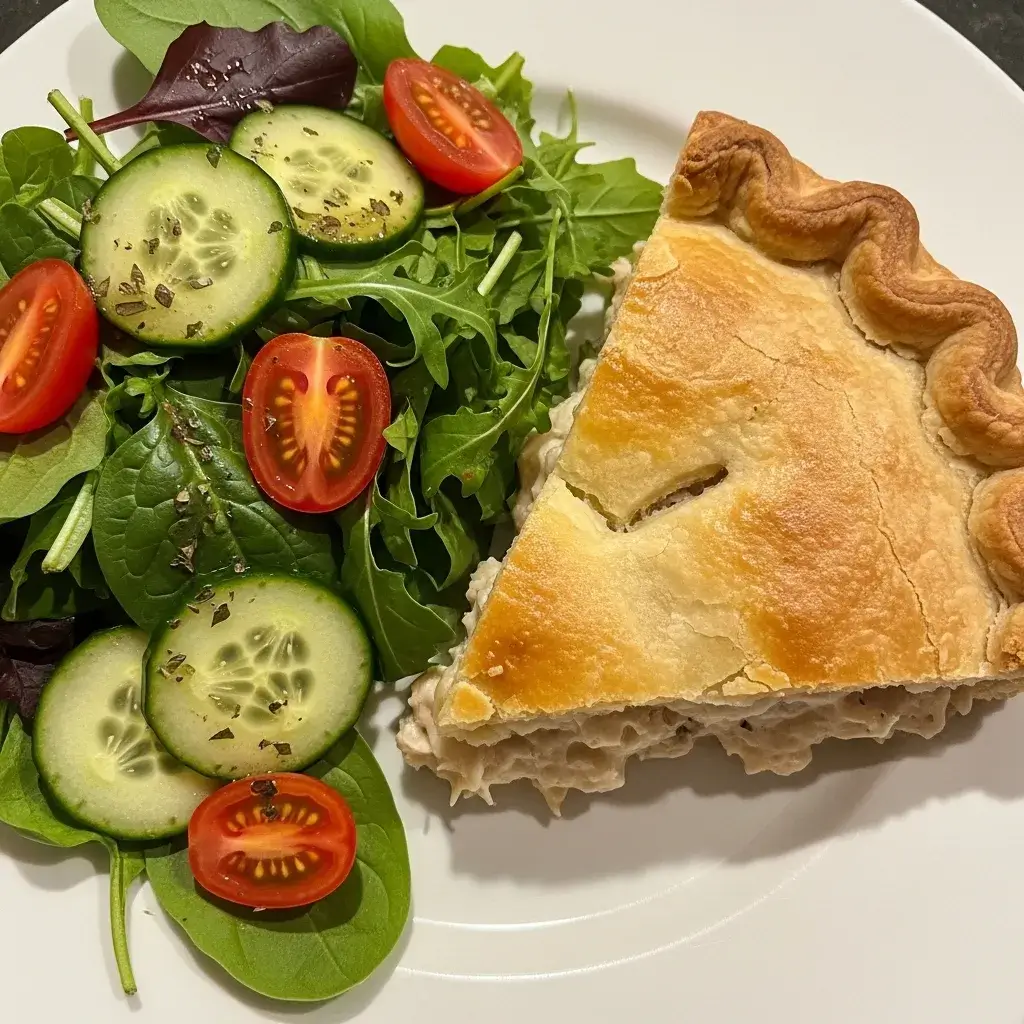 Porção de torta de pão com frango servida com salada fresca