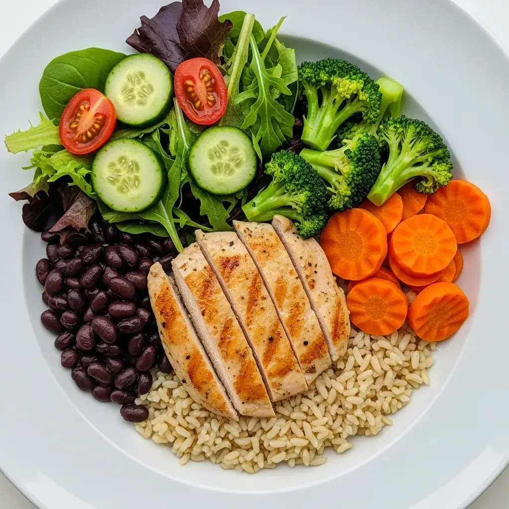 Prato feito fácil e saudável colorido com arroz, feijão, frango e legumes