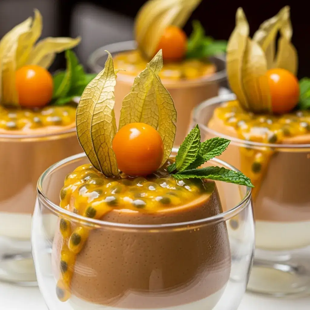 Pudim de cupuaçu servido em taça com calda de maracujá