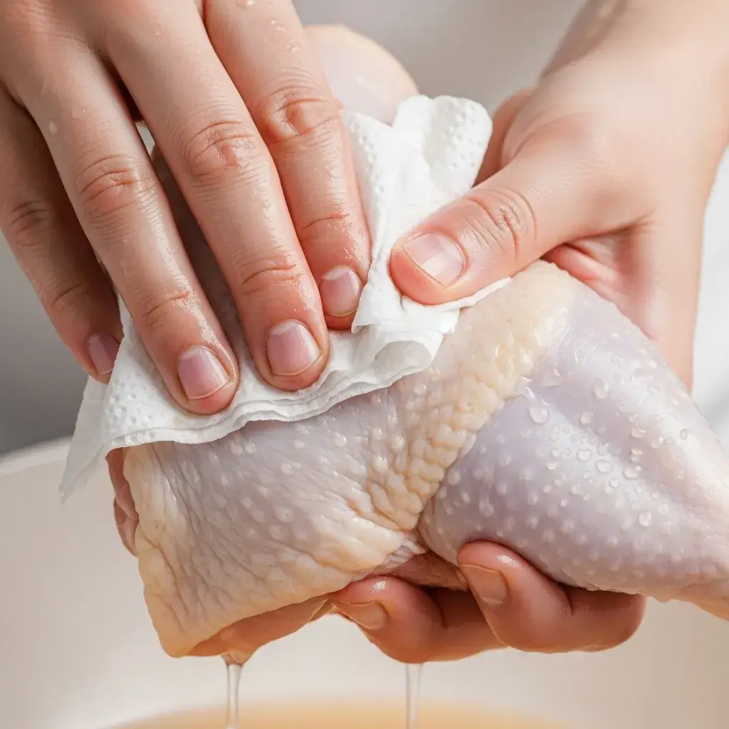 Secando bem a pele das pernas de frango antes de levar ao forno.