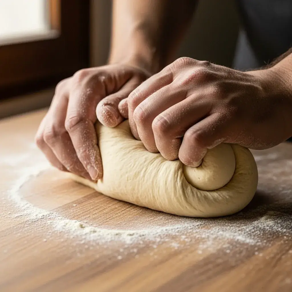 Sovando a massa do Bolo Levedo na bancada para ficar elástica
