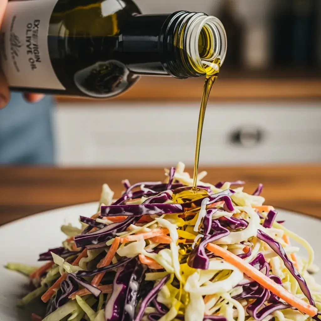 Temperando a salada de repolho com azeite de oliva