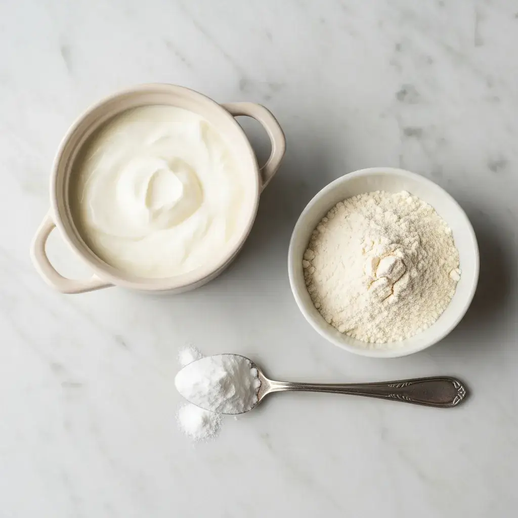 Três ingredientes simples iogurte, farinha e bicarbonato para o pão milagroso