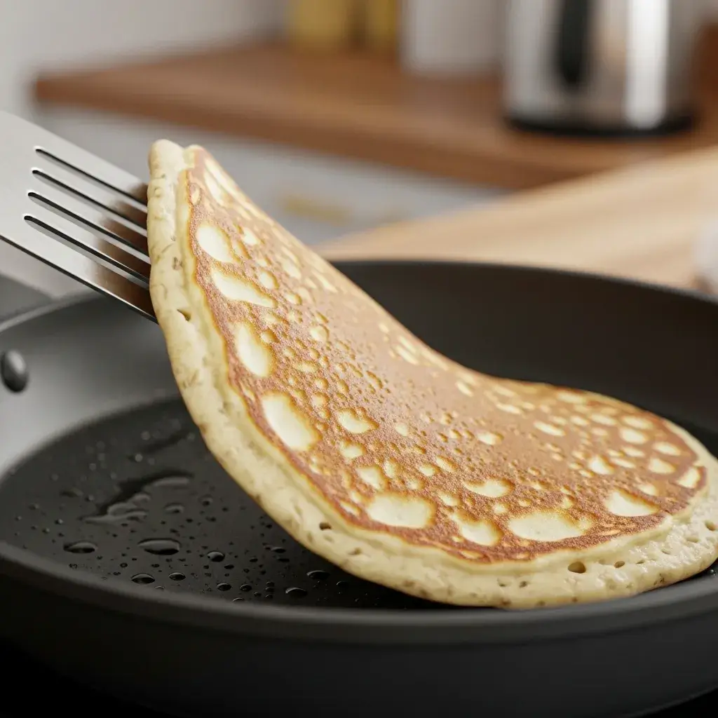 Virando a panqueca de banana e aveia na frigideira dourada