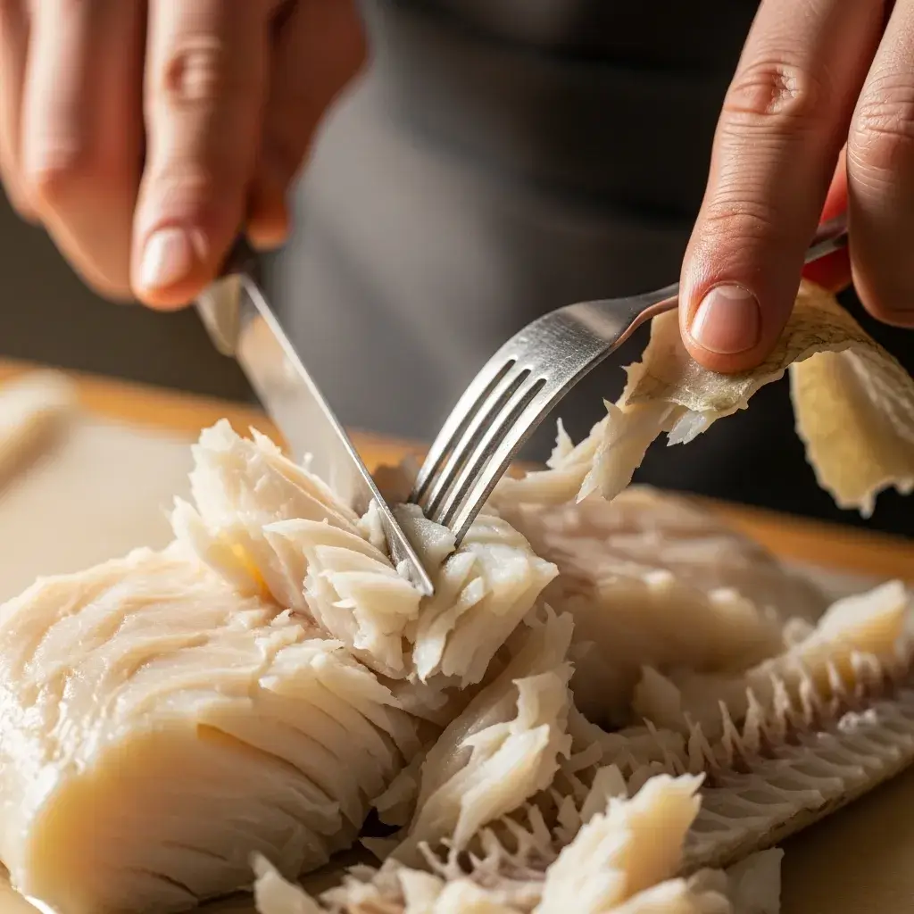 desfiando o bacalhau cozido para a salada