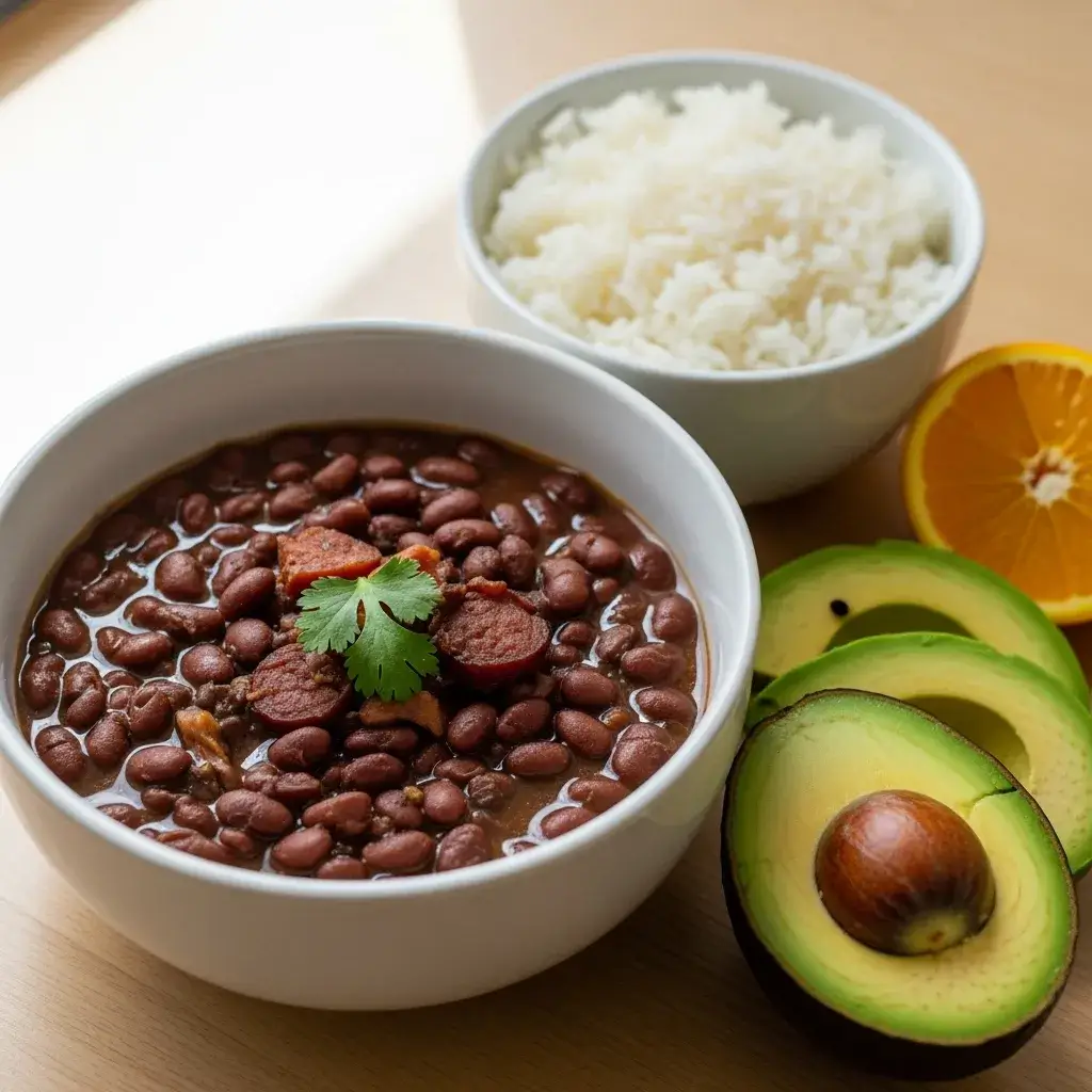 feijao turbinado servido com arroz e abacate