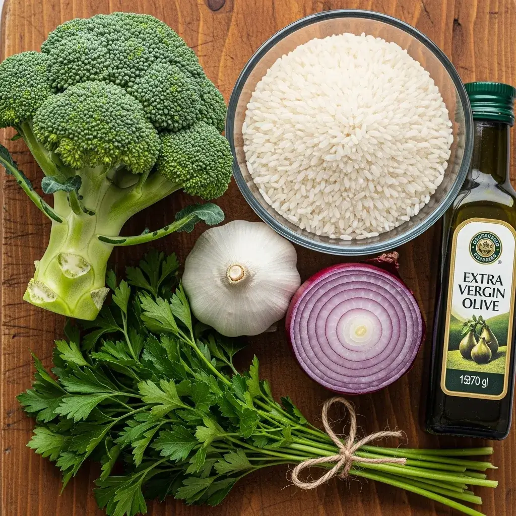 ingredientes frescos para preparar receita de arroz com brocolis