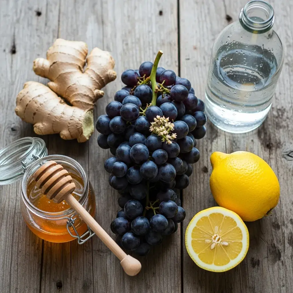 ingredientes frescos para suco de uva com gengibre