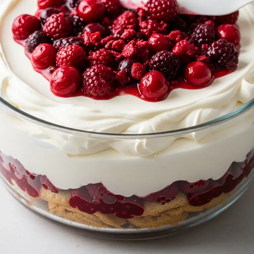 montando as camadas do pave de frutas vermelhas em travessa