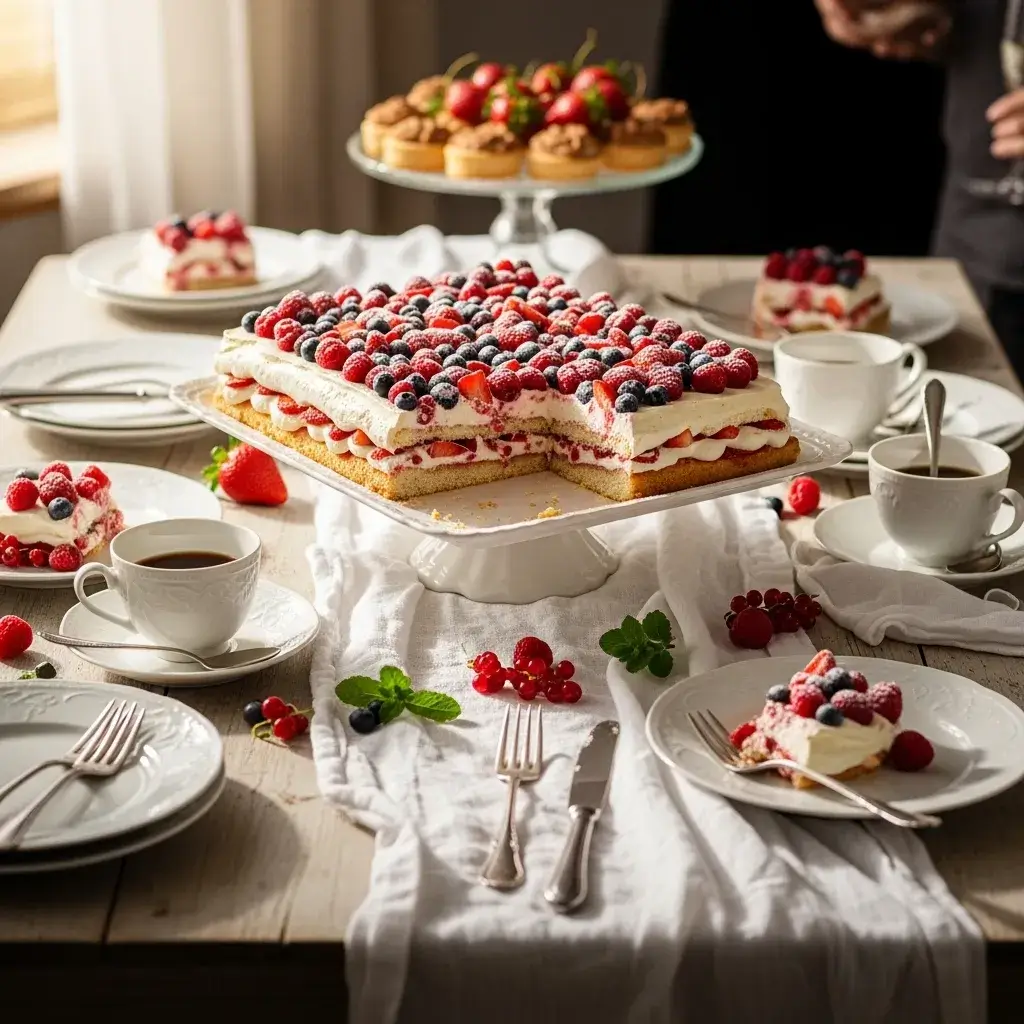pave de frutas vermelhas inteiro como centro de mesa de sobremesa