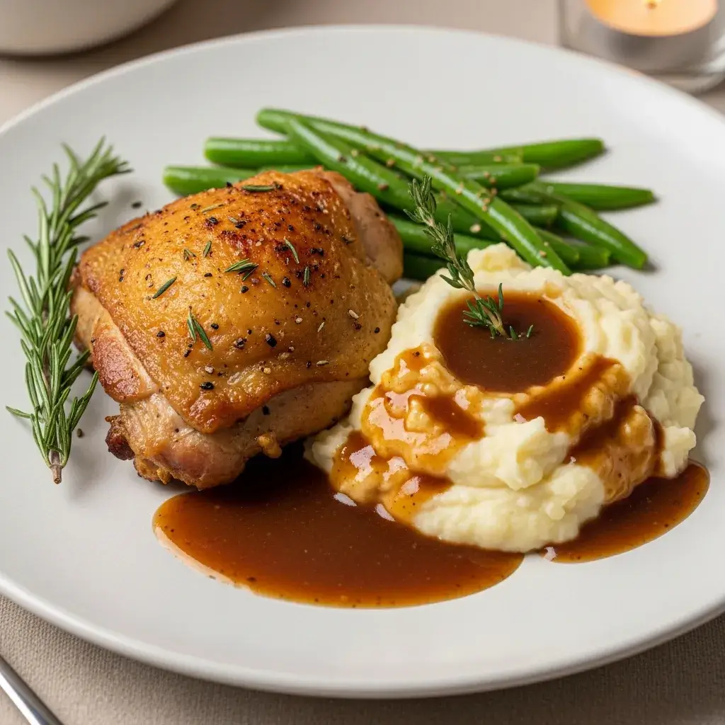 purê de batata servido com frango assado e molho