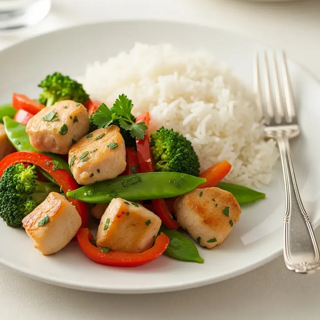 frango com Legumes Refogado servido com arroz branco.