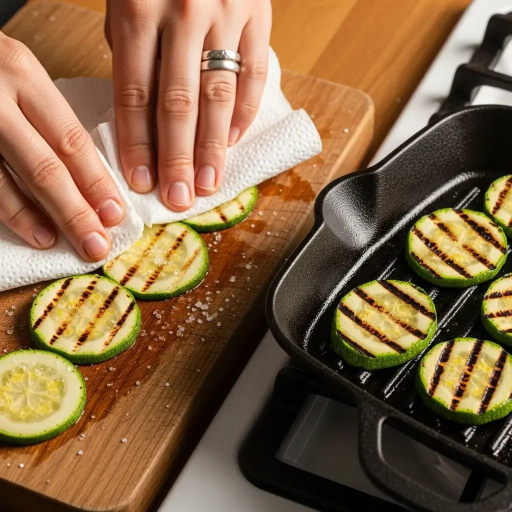 secando e grelhando fatias de abobrinha para lasanha
