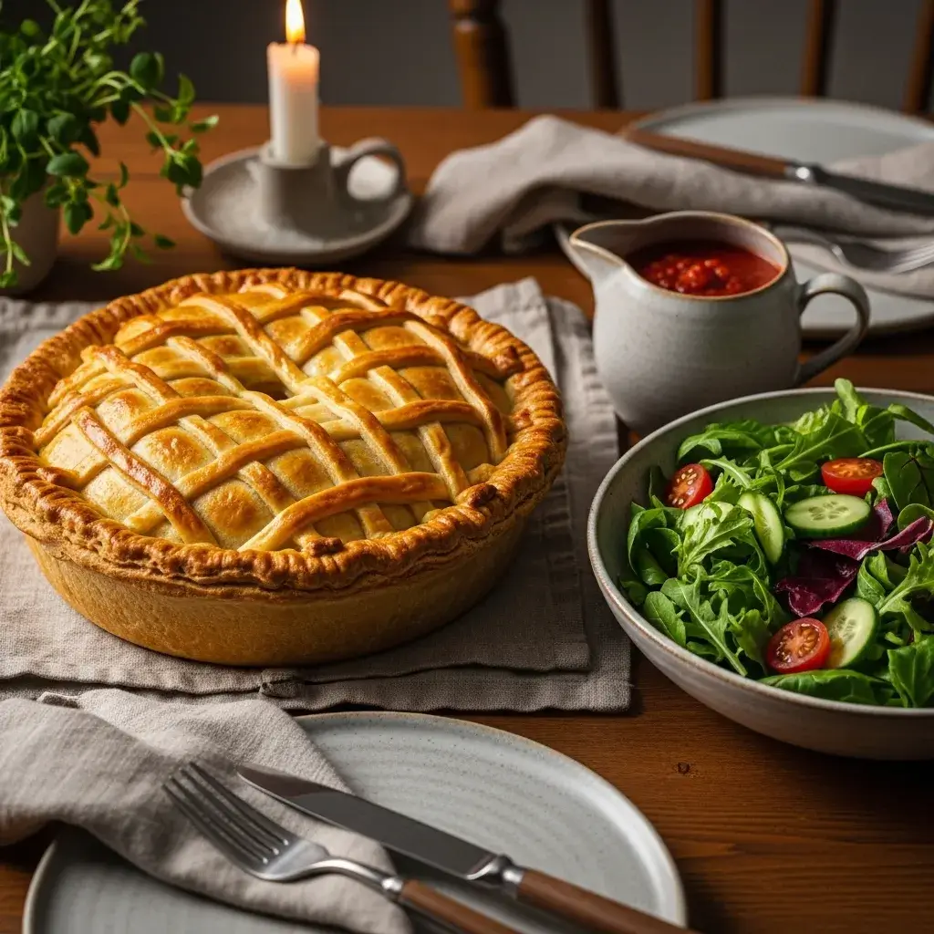 torta de frango servida no almoço em familia com salada
