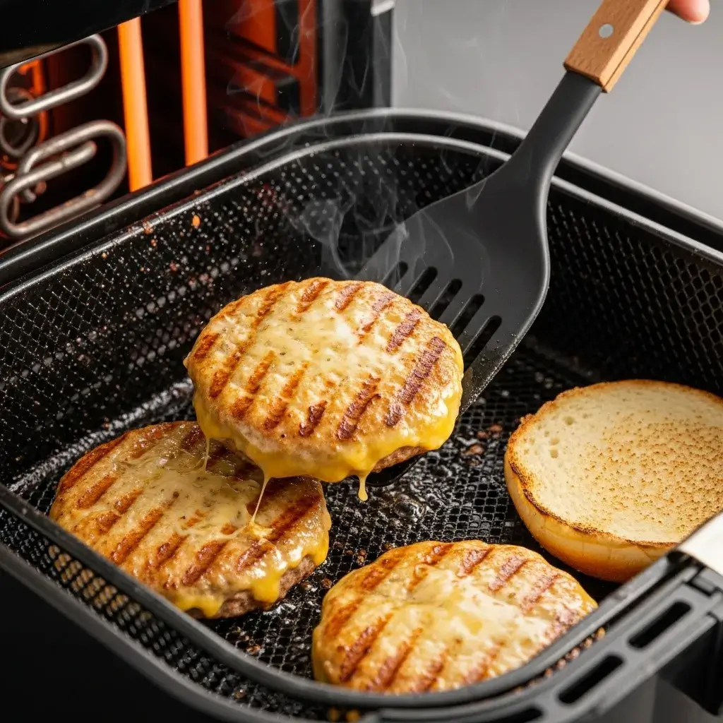 virando hambúrgueres na air fryer durante o cozimento.