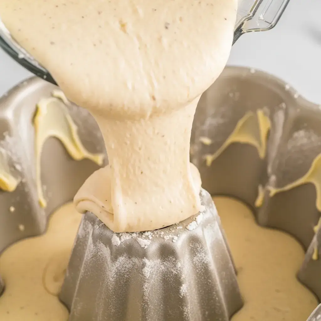 Despejando a massa do bolo de baunilha batida no liquidificador na forma