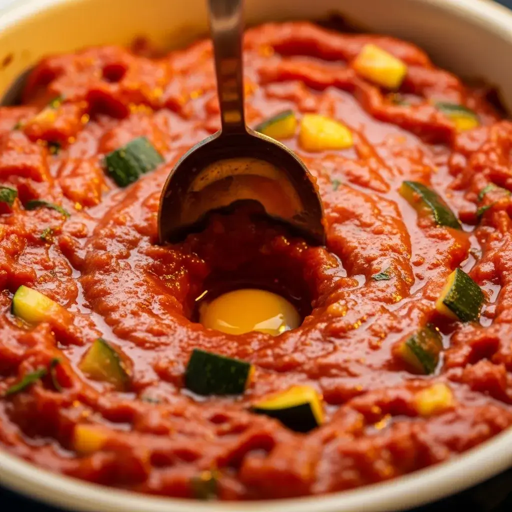 Fazendo covas no refogado para os ovos na tomatada