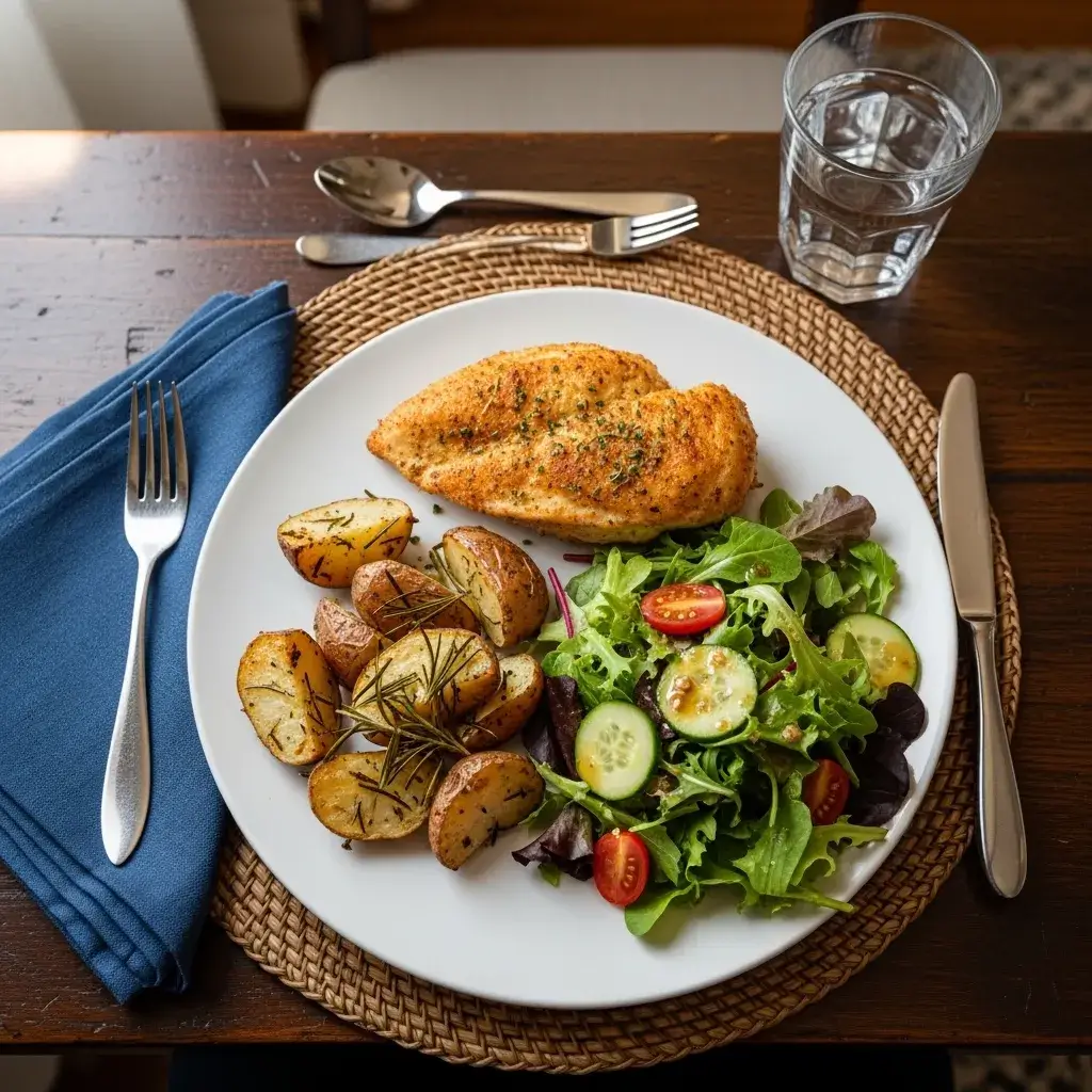 Frango com crosta de parmesão servido com acompanhamentos