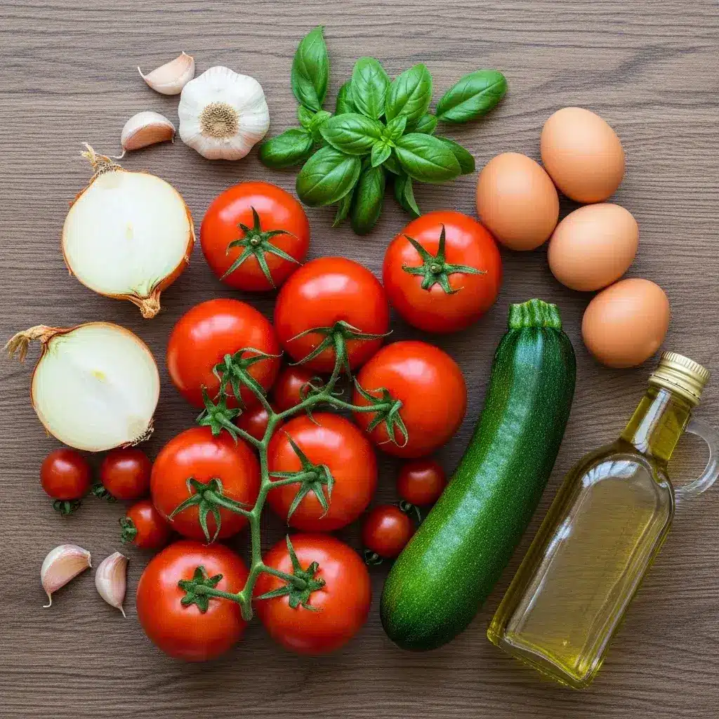 Ingredientes frescos para Tomatada com Courgete e Ovos