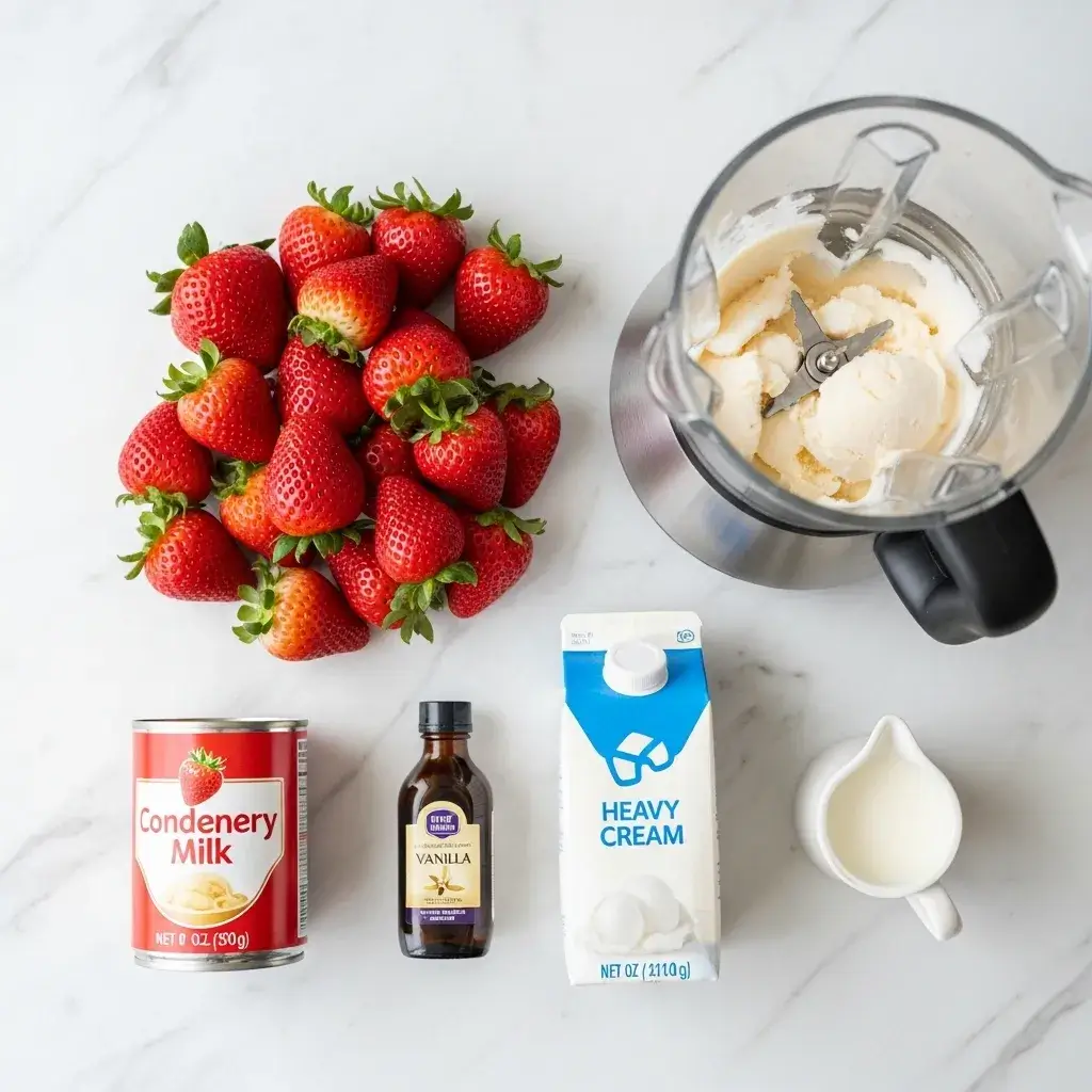 Ingredientes frescos para fazer Sorvete de Morango Caseiro