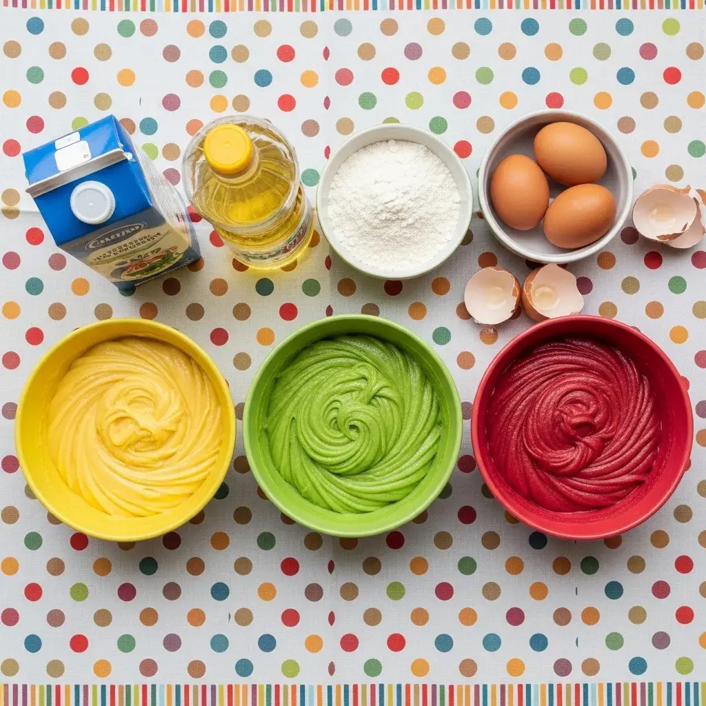 Massas coloridas para Bolo de Carnaval Simples em tigelas