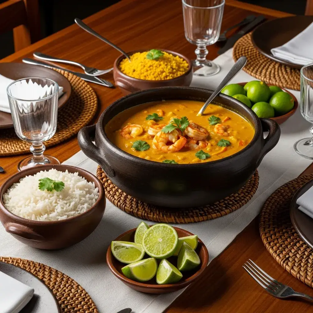 Mesa posta com Bobó de Camarão e acompanhamentos típicos