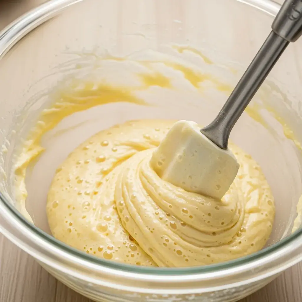 Misturando delicadamente a massa do Bolo Sem Ovo