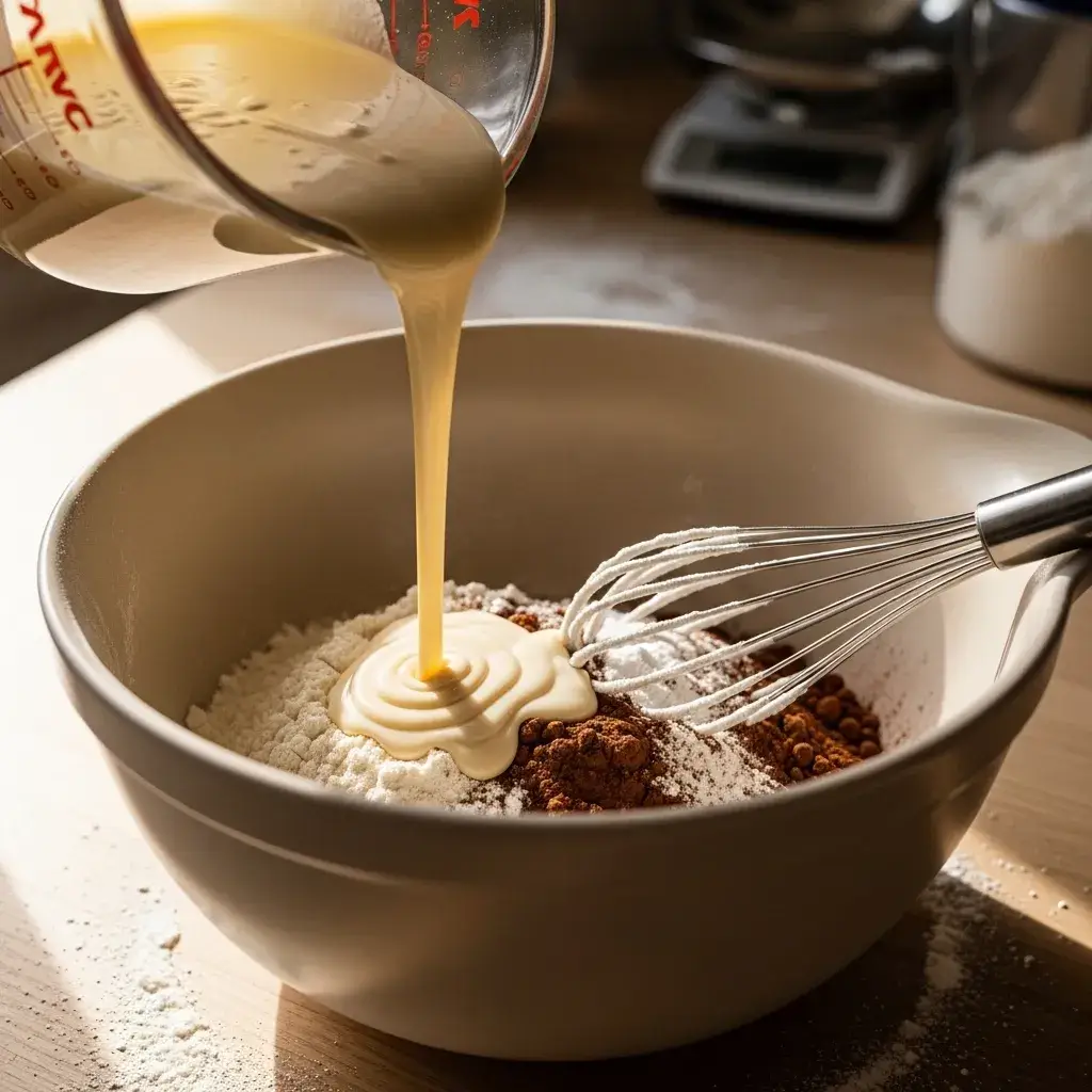 Misturando o chocolate branco derretido na massa do bolo